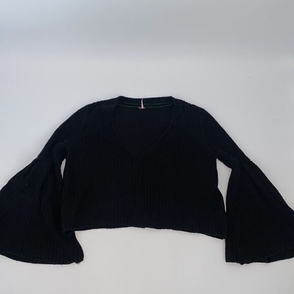 Free People Damsel Cable Knit Pullover Black Sweater Bell Sleeves Oversized XS - Picture 10 of 11